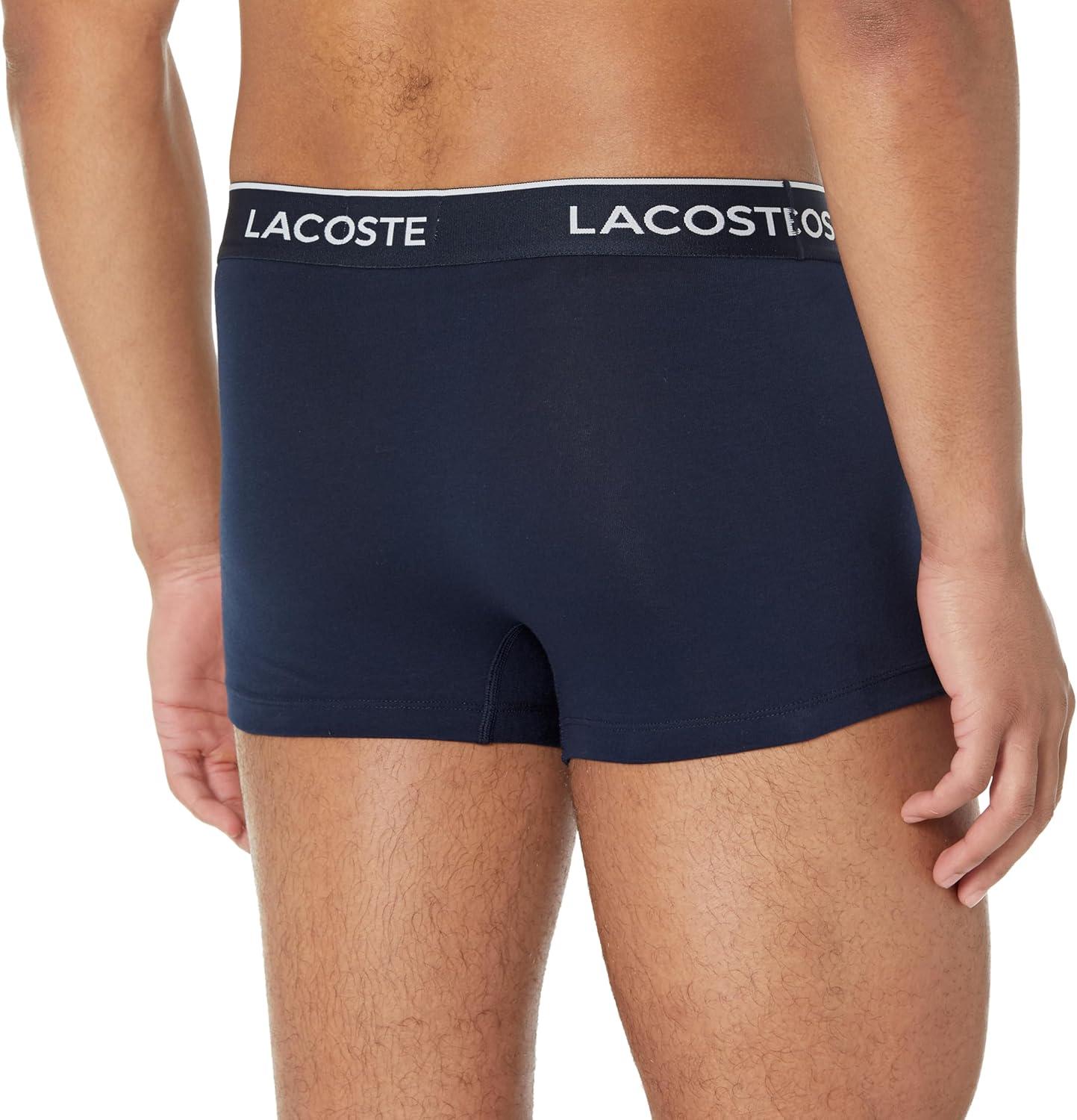 imageLacoste Mens Cotton Stretch Tricolor Waistband Trunks 3PackWhiteNavy BlueBright Blue