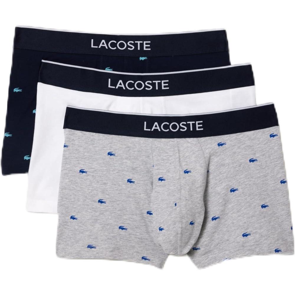 imageLacoste Mens Cotton Stretch Mini Croc Print Trunks 3PackDove GreyNavy BlueWhite