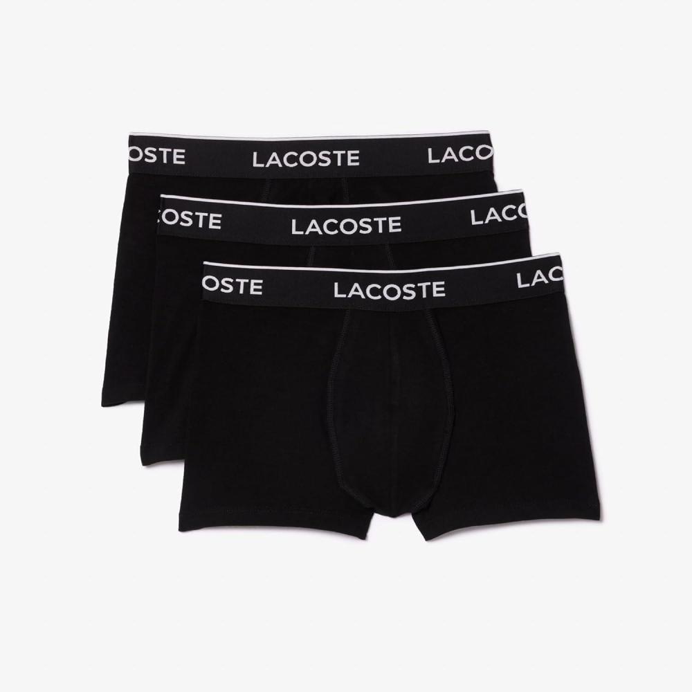 imageLacoste Mens Cotton Stretch Tricolor Waistband Trunks 3PackBlack With Black Waistbands New