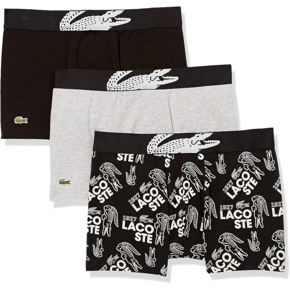 imageLacoste Mens Cotton Stretch Tricolor Waistband Trunks 3PackBlackWhiteDove Grey