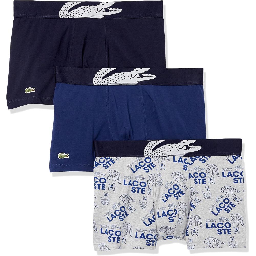 imageLacoste Mens Cotton Stretch Tricolor Waistband Trunks 3PackDove GreyRoyal BlueNavy BlueWhite
