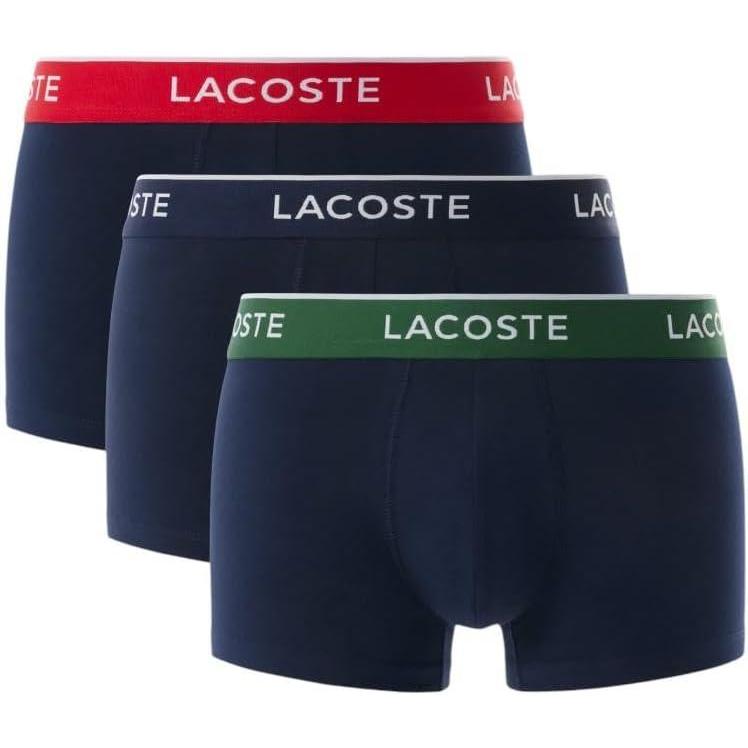 imageLacoste Mens Cotton Stretch Tricolor Waistband Trunks 3PackNavy BlueGreenRed