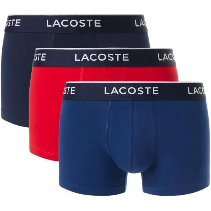imageLacoste Mens Cotton Stretch Tricolor Waistband Trunks 3PackNavy BlueRedBlue