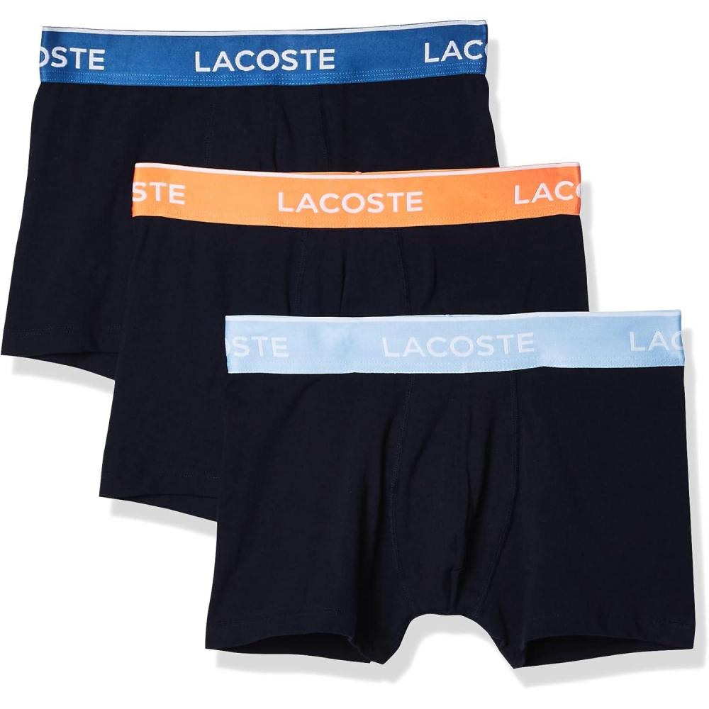 imageLacoste Mens Cotton Stretch Tricolor Waistband Trunks 3PackNavy With Light BlueOrangeBlue Waistbands