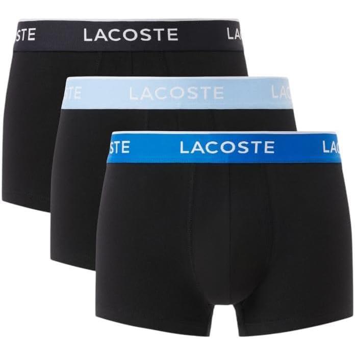 imageLacoste Mens Cotton Stretch Tricolor Waistband Trunks 3PackNavyRoyal BlueLight Blue