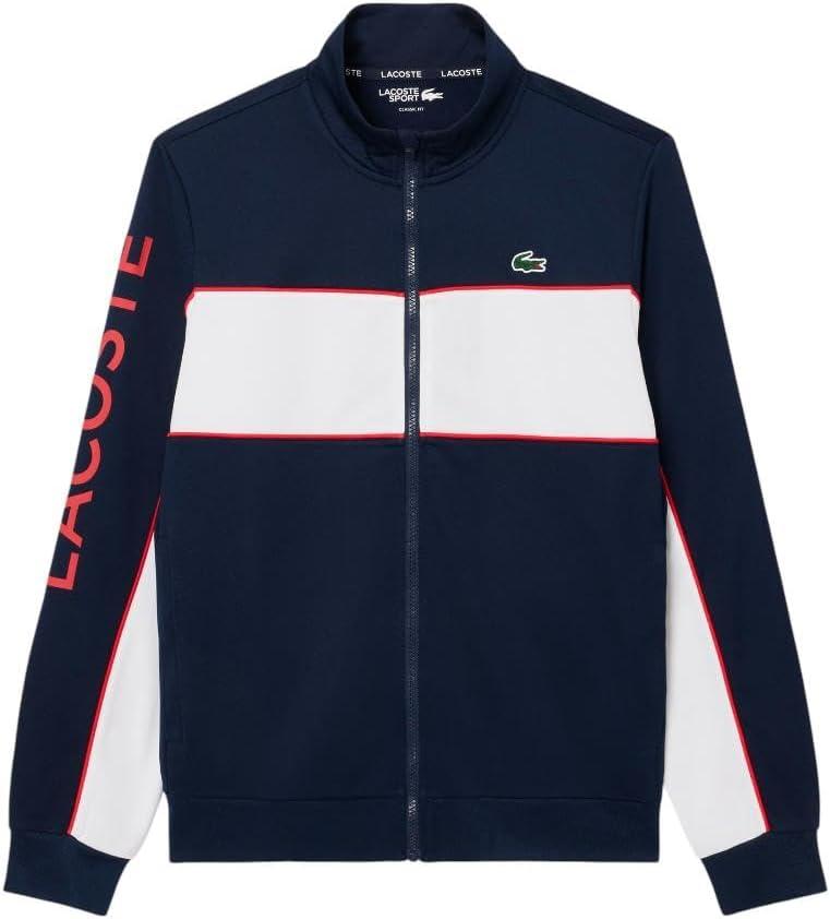 imageLacoste Mens Print Branding Zipped Sport SweatshirtNavy BlueWhiteGrenadine Red