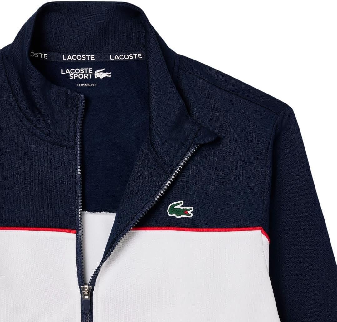 imageLacoste Mens Print Branding Zipped Sport SweatshirtNavy BlueWhiteGrenadine Red