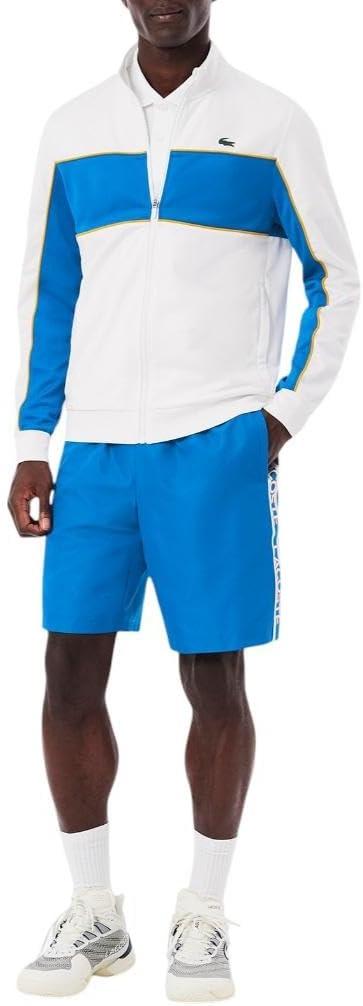 imageLacoste Mens Print Branding Zipped Sport SweatshirtWhiteGipsy BluePlum Yellow