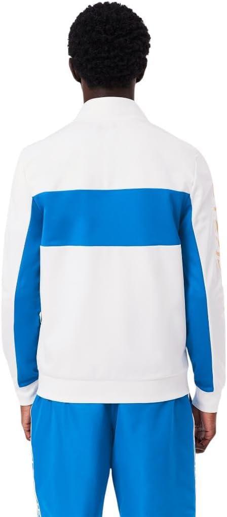 imageLacoste Mens Print Branding Zipped Sport SweatshirtWhiteGipsy BluePlum Yellow