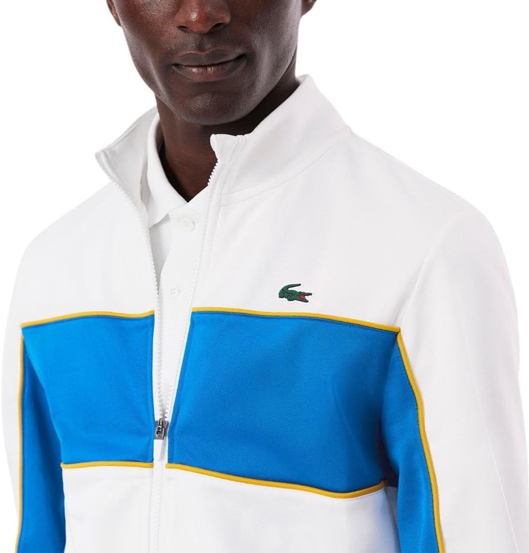 imageLacoste Mens Print Branding Zipped Sport SweatshirtWhiteGipsy BluePlum Yellow
