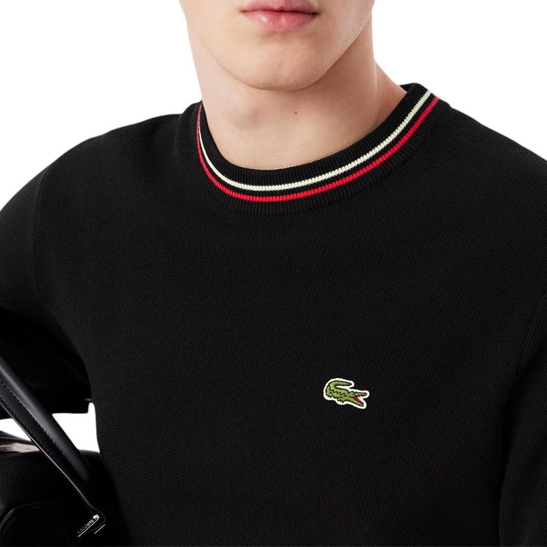 imageLacoste Mens Short Sleeve Classic Fit Crew Neck SweaterBlack  Grenadine Red   Off White