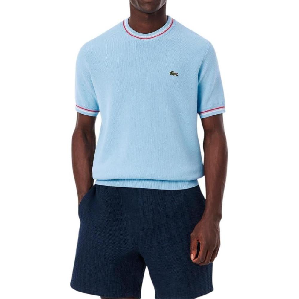 imageLacoste Mens Short Sleeve Classic Fit Crew Neck SweaterOverview Blue  Grenadine Red   Off White