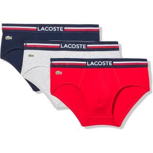 imageLacoste Mens Cotton Stretch Tricolor Waistband Briefs 3PackNavy BlueGreyRed