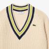 imageLacoste Womens VNeck Pullover SweaterCreamLime and Navy Stripe