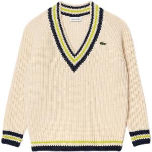 imageLacoste Womens VNeck Pullover SweaterCreamLime and Navy Stripe