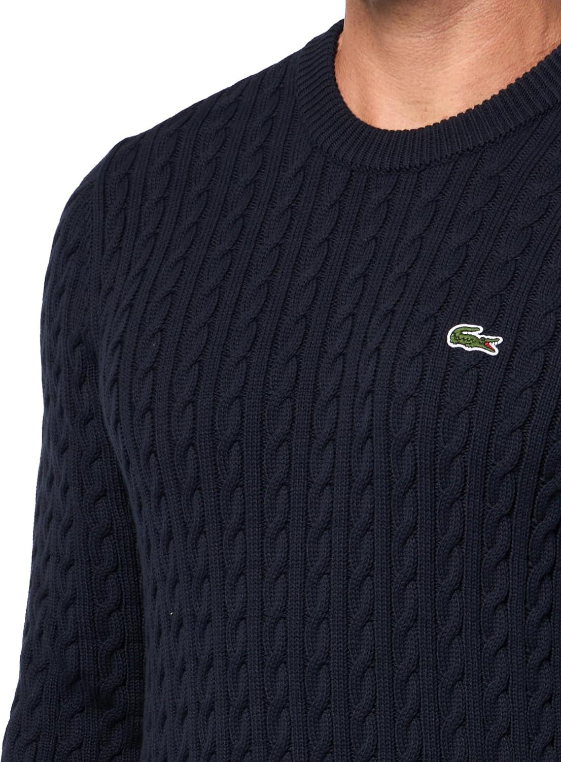 imageLacoste Mens French Fashion Sport Regular Fit Crew Neck Long Sleeve Cable Stitch SweaterNavy BlueGreen