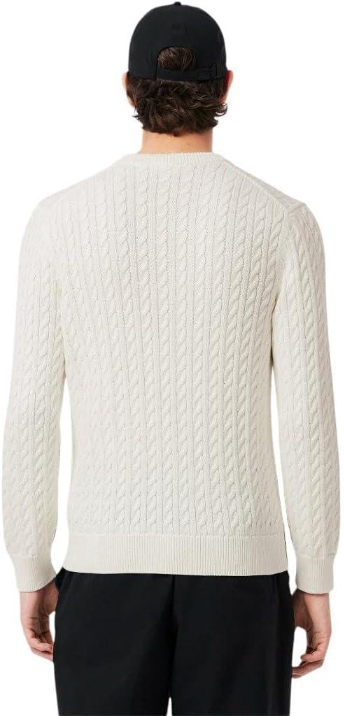 imageLacoste Mens French Fashion Sport Regular Fit Crew Neck Long Sleeve Cable Stitch SweaterWhite  Green