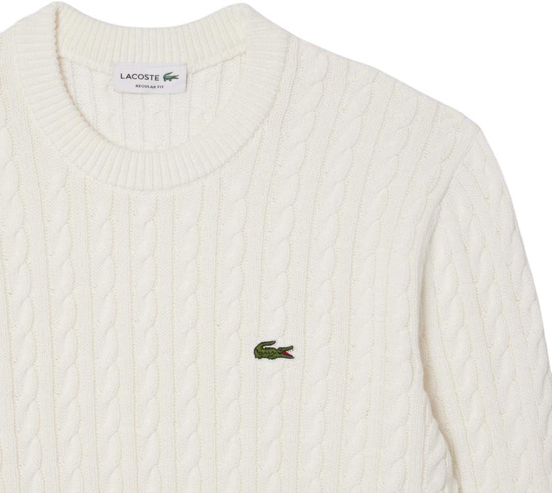 imageLacoste Mens French Fashion Sport Regular Fit Crew Neck Long Sleeve Cable Stitch SweaterWhiteGreen