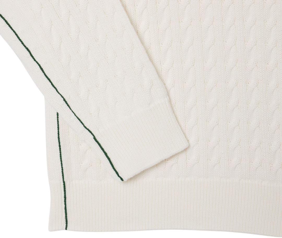 imageLacoste Mens French Fashion Sport Regular Fit Crew Neck Long Sleeve Cable Stitch SweaterWhiteGreen