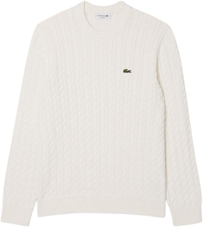 imageLacoste Mens French Fashion Sport Regular Fit Crew Neck Long Sleeve Cable Stitch SweaterWhiteGreen