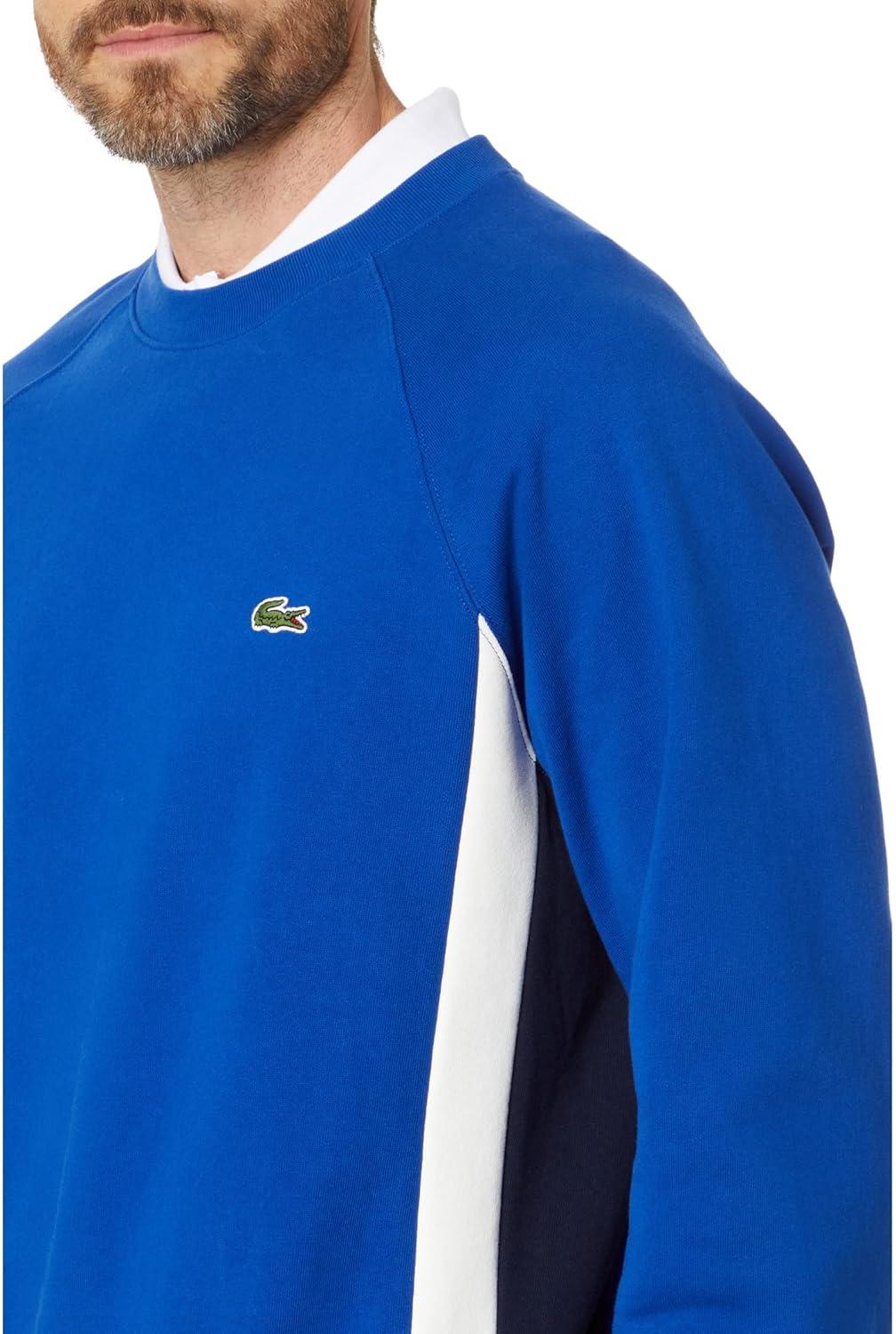imageLacoste Mens Long Sleeve Relaxed Fit Colorblocked Crewneck SweatshirtCobaltNavy Blueflour