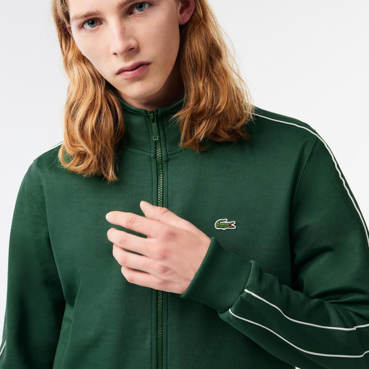 imageLacoste Mens Regular Fit Long Full Zip Collared Sweatshirt WSingle Stripe Sleeve Detailing MmGreen