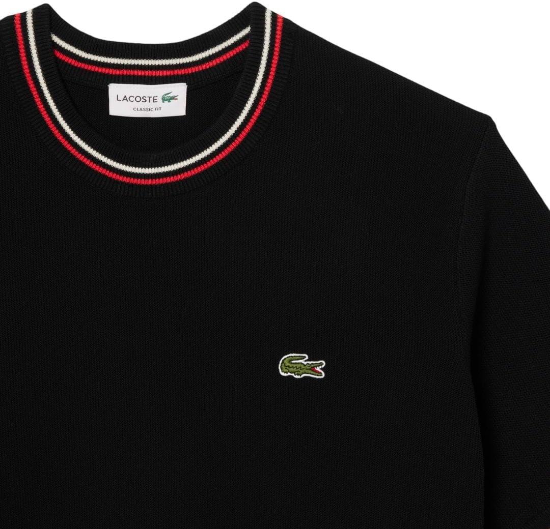 imageLacoste Mens Short Sleeve Classic Fit Crew Neck SweaterBlack  Grenadine Red   Off White