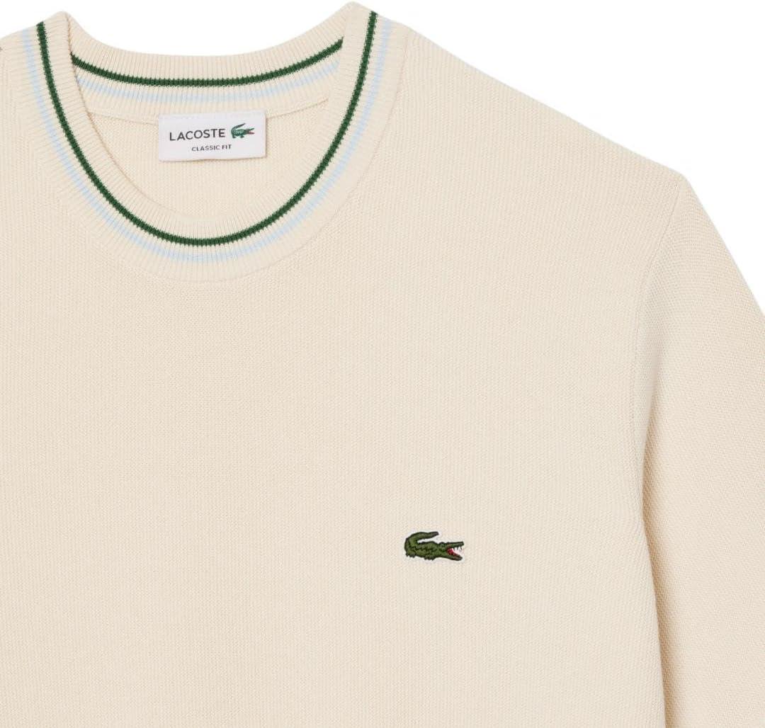 imageLacoste Mens Short Sleeve Classic Fit Crew Neck SweaterOff White  Green   Light Blue