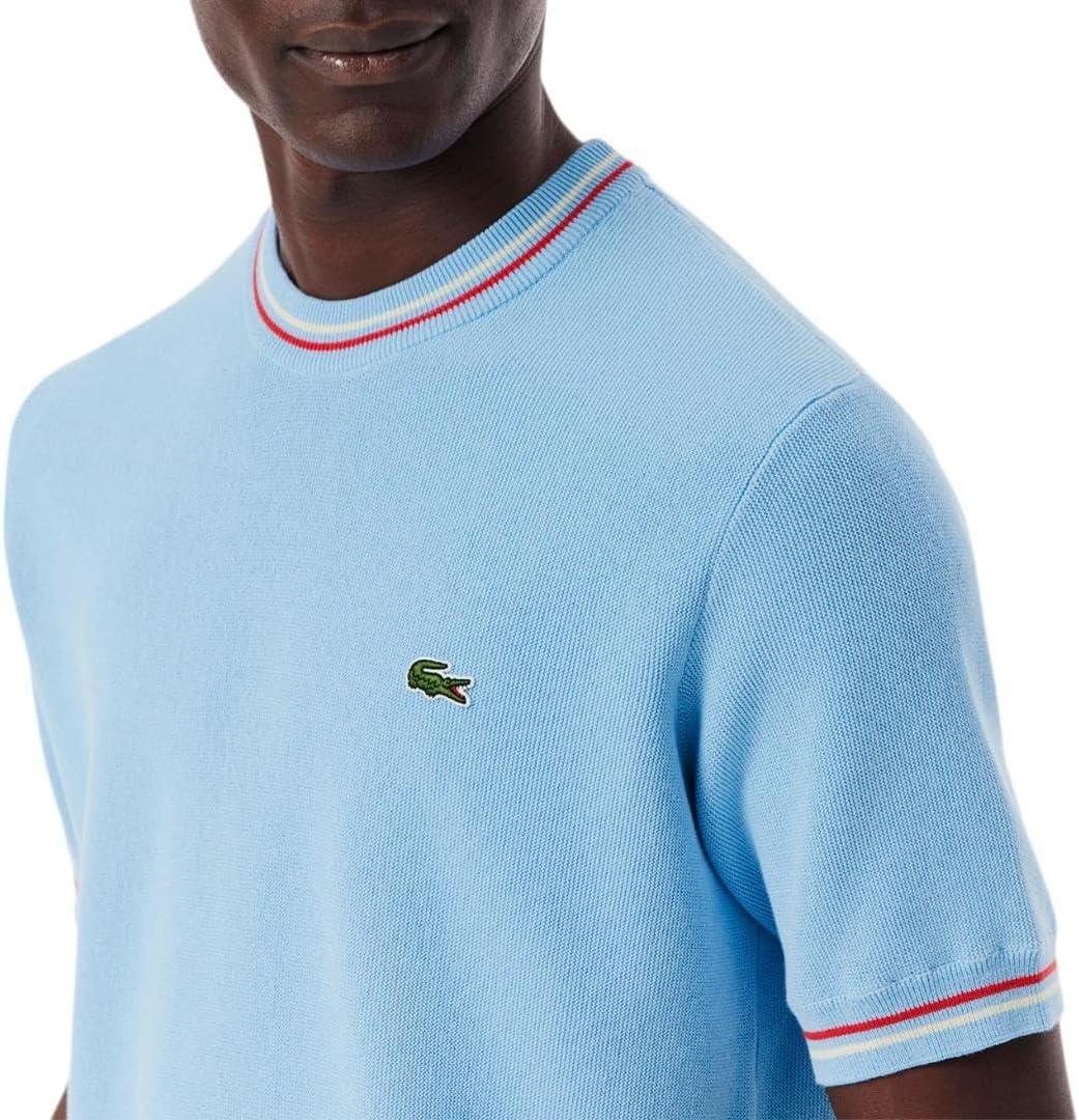 imageLacoste Mens Short Sleeve Classic Fit Crew Neck SweaterOverview Blue  Grenadine Red   Off White