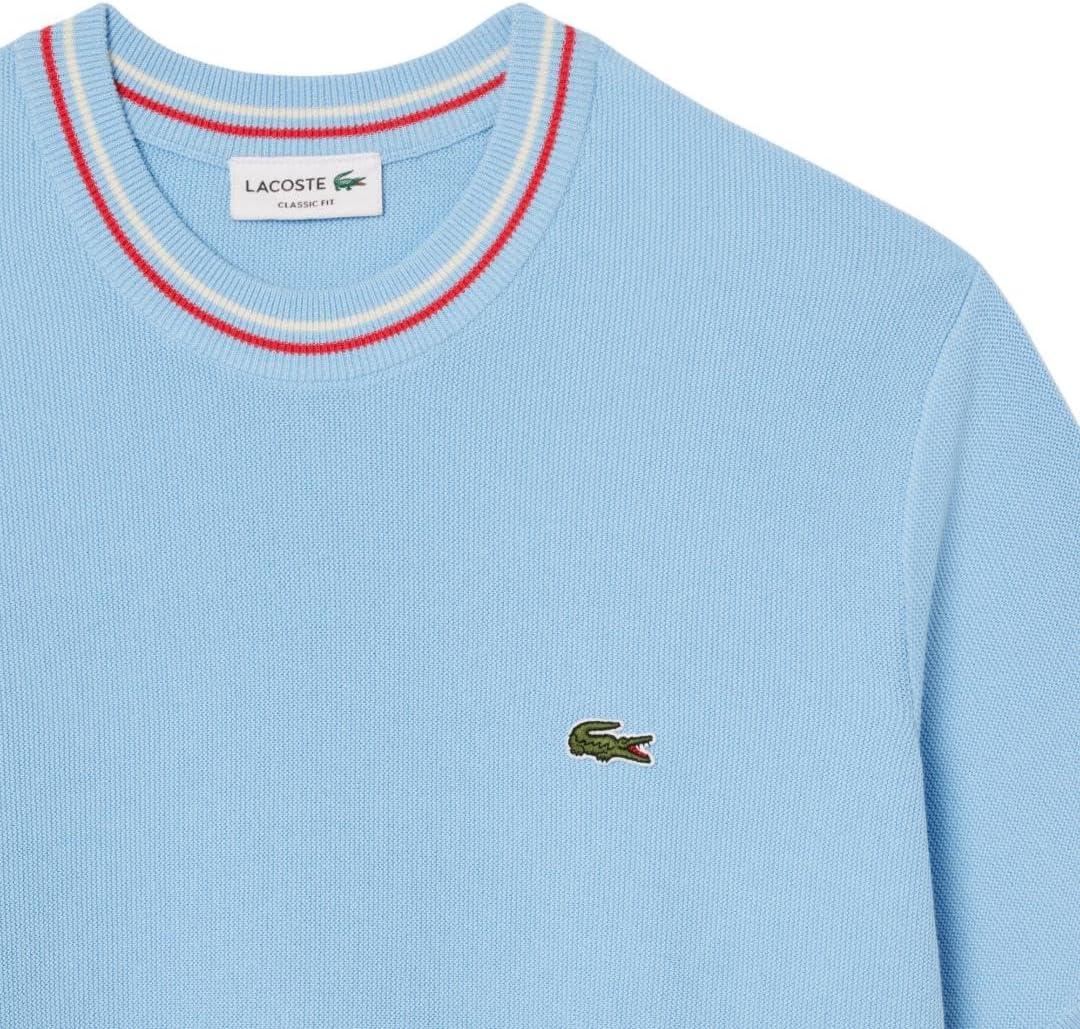 imageLacoste Mens Short Sleeve Classic Fit Crew Neck SweaterOverview Blue  Grenadine Red   Off White