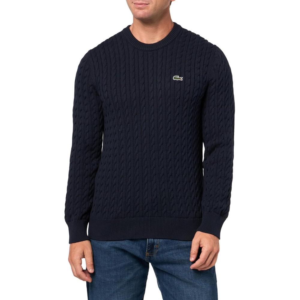 imageLacoste Mens French Fashion Sport Regular Fit Crew Neck Long Sleeve Cable Stitch SweaterNavy BlueGreen