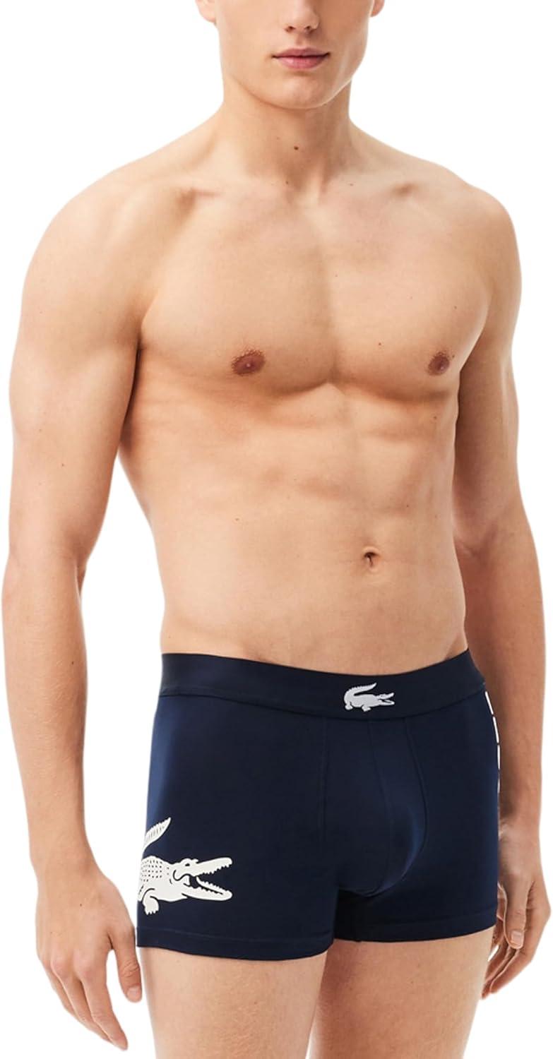imageLacoste mens Cotton Stretch Big Croc Print Trunks 3packNavy BlueWhiteDove GreyDeep Ocean