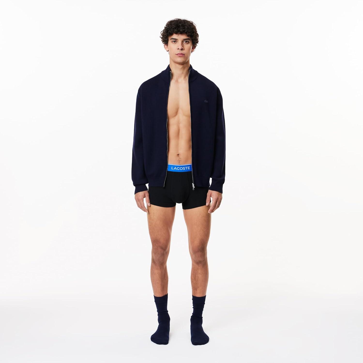 imageLacoste mens Cotton Stretch Tricolor Waistband Trunks 3packBlack With Ocean BlueSky MistGraphite Waistbands