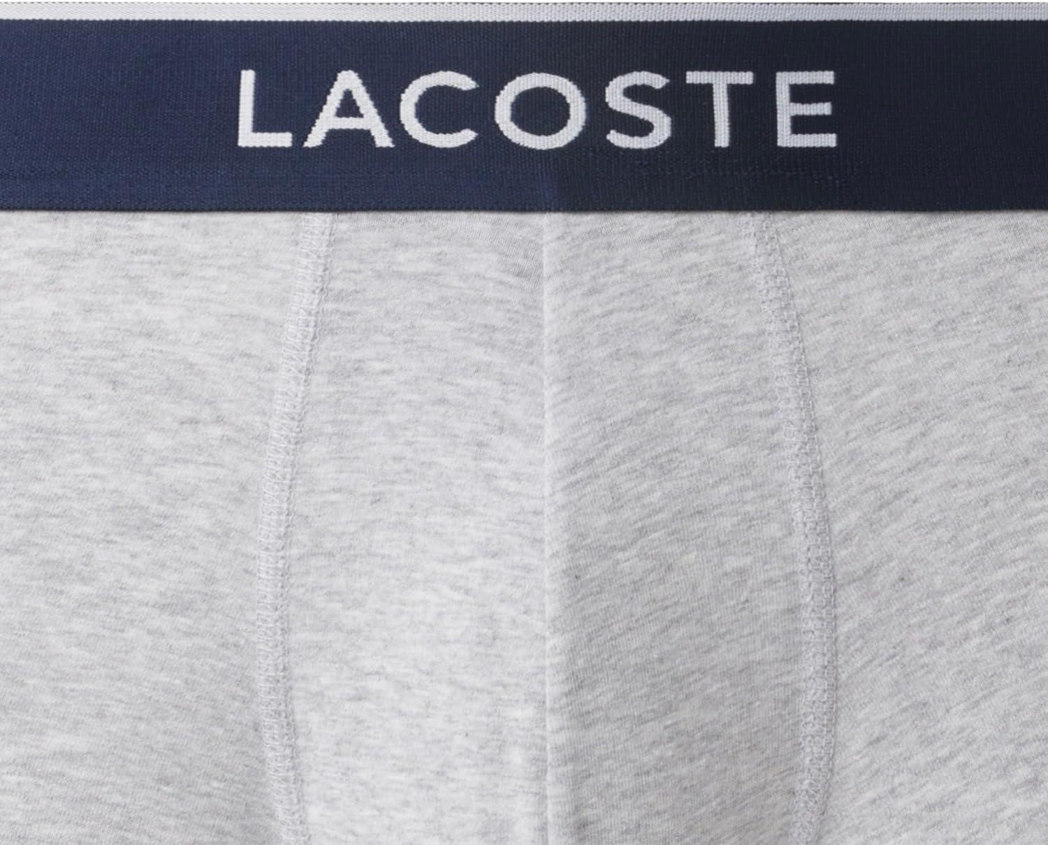 imageLacoste mens Cotton Stretch Tricolor Waistband Trunks 3packGrey With Navy Waistbands
