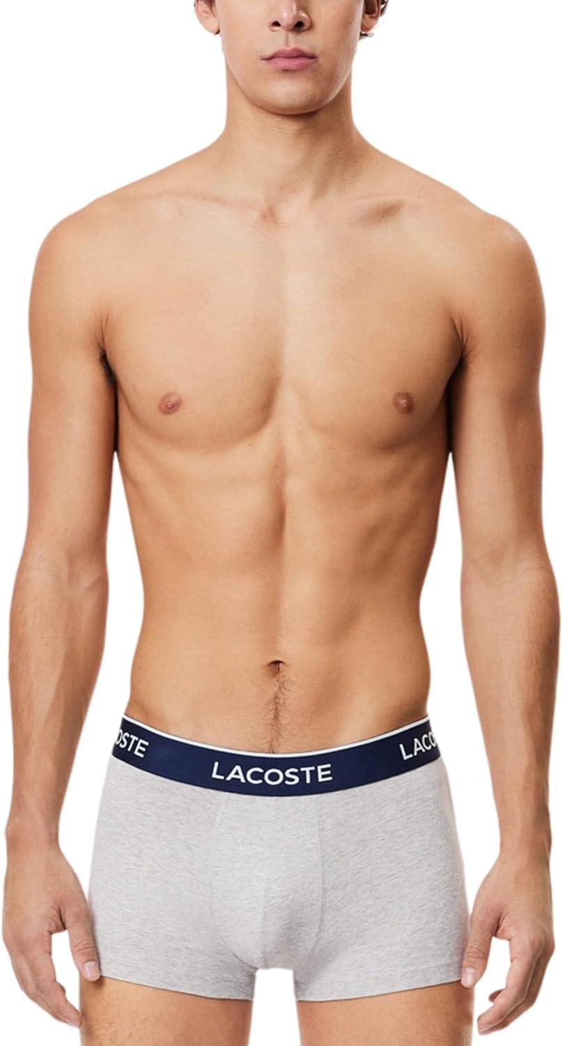 imageLacoste mens Cotton Stretch Tricolor Waistband Trunks 3packGrey With Navy Waistbands