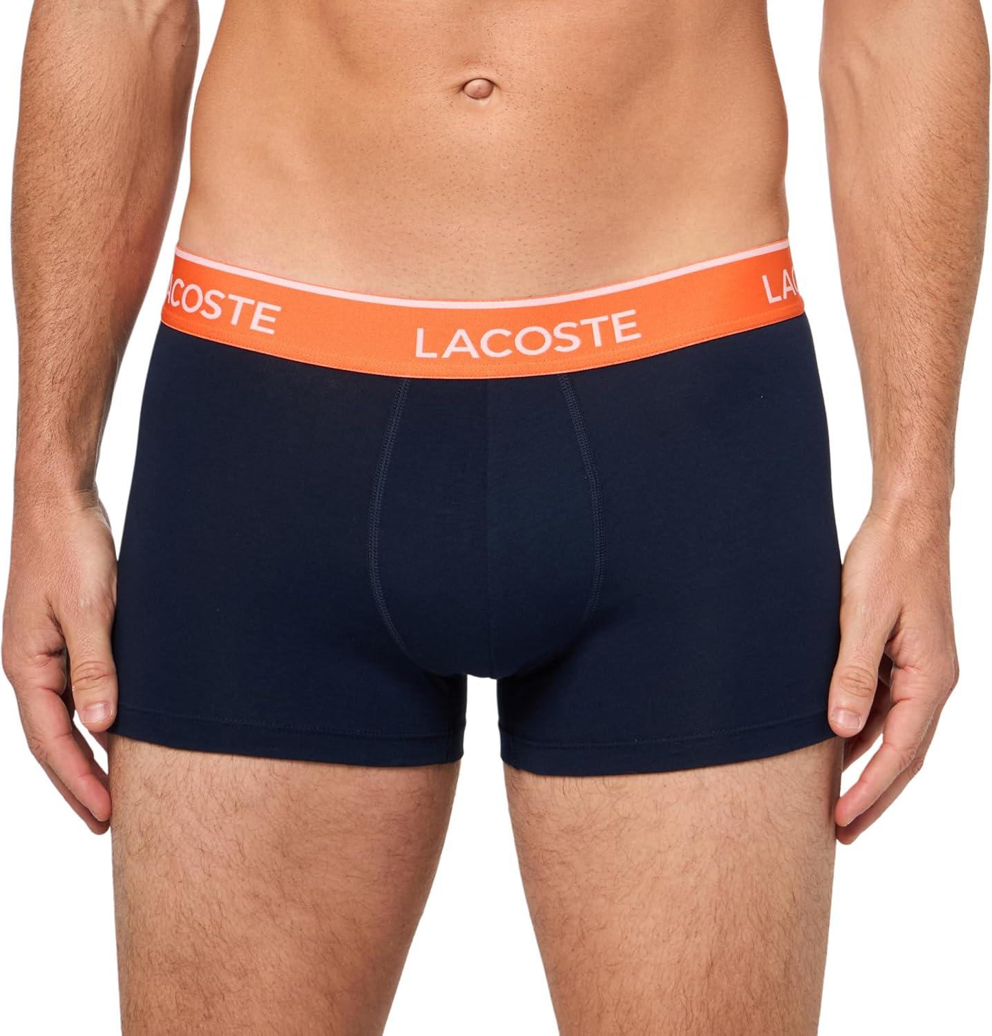 imageLacoste mens Cotton Stretch Tricolor Waistband Trunks 3packNavy BlueOrangeRed New