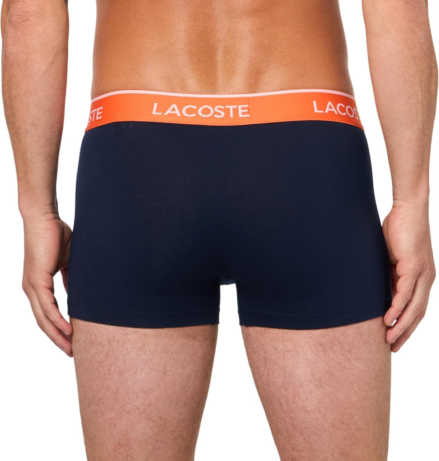 imageLacoste mens Cotton Stretch Tricolor Waistband Trunks 3packNavy BlueOrangeRed New