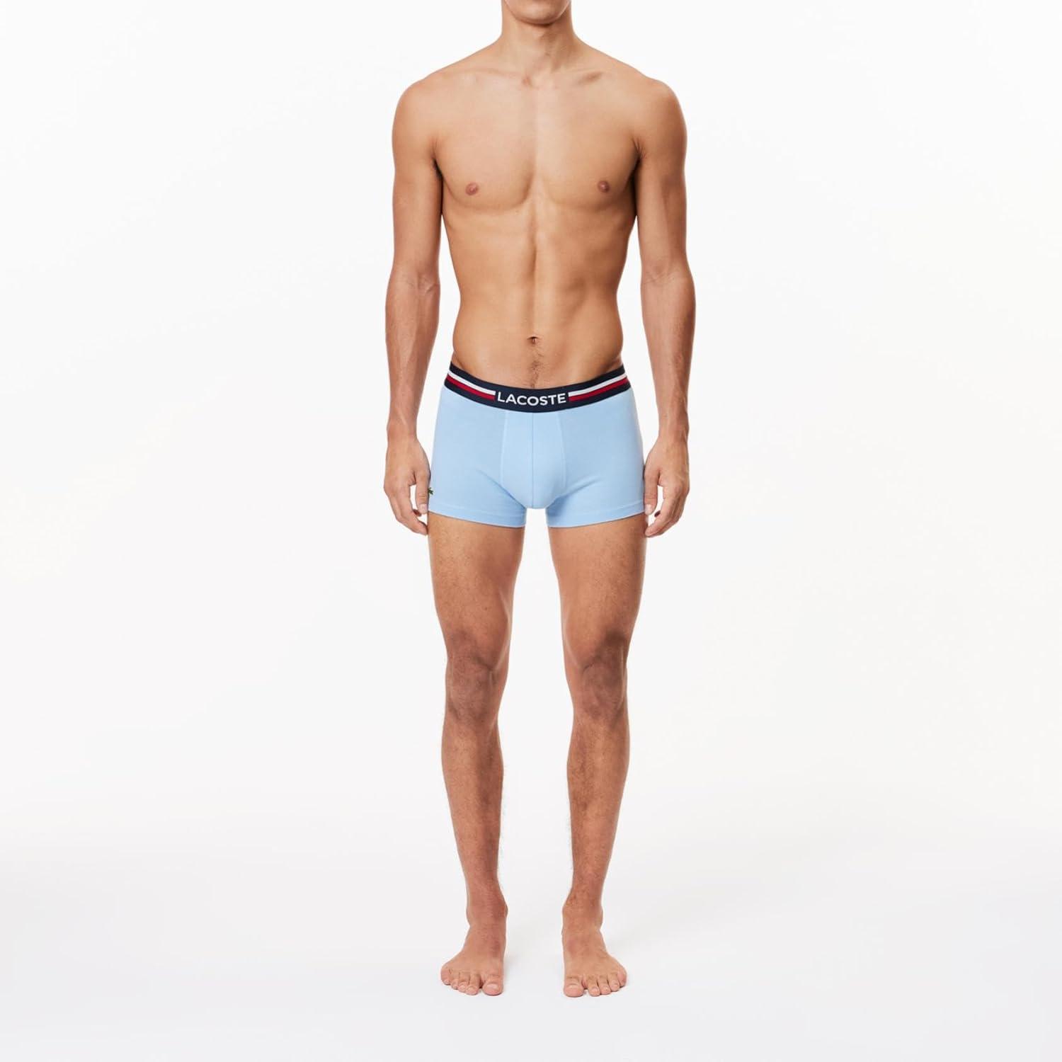 imageLacoste mens Cotton Stretch Tricolor Waistband Trunks 3packNavy BlueRoyal BlueLight Blue
