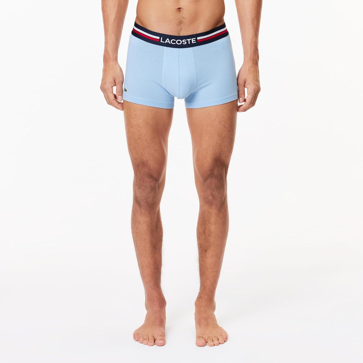 imageLacoste mens Cotton Stretch Tricolor Waistband Trunks 3packNavy BlueRoyal BlueLight Blue