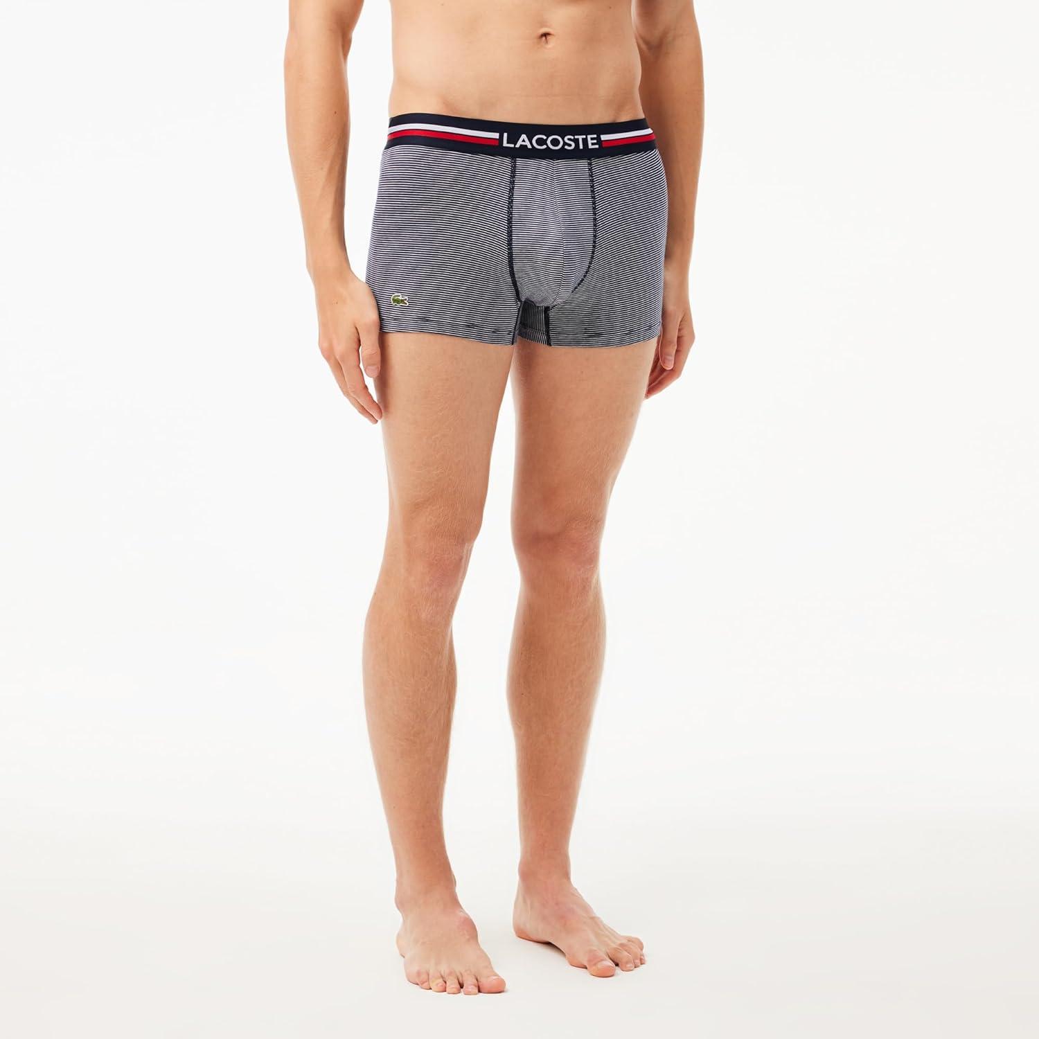 imageLacoste mens Cotton Stretch Tricolor Waistband Trunks 3packNavy BlueWhiteNavy Striped