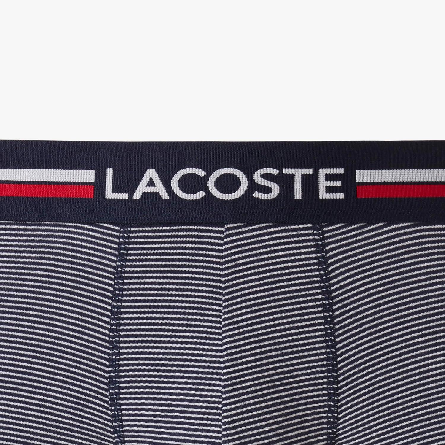 imageLacoste mens Cotton Stretch Tricolor Waistband Trunks 3packNavy BlueWhiteNavy Striped
