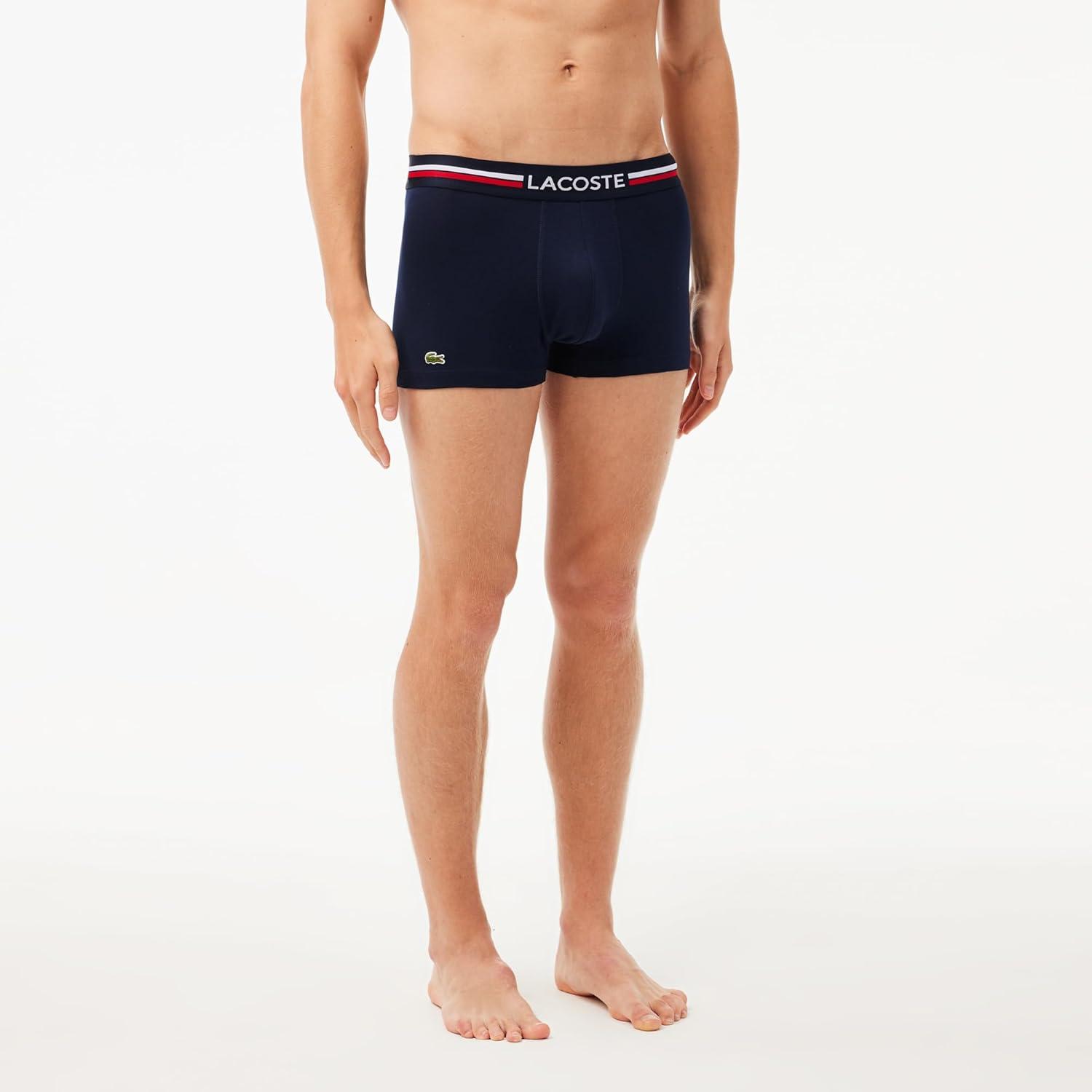 imageLacoste mens Cotton Stretch Tricolor Waistband Trunks 3packNavy BlueWhiteNavy Striped
