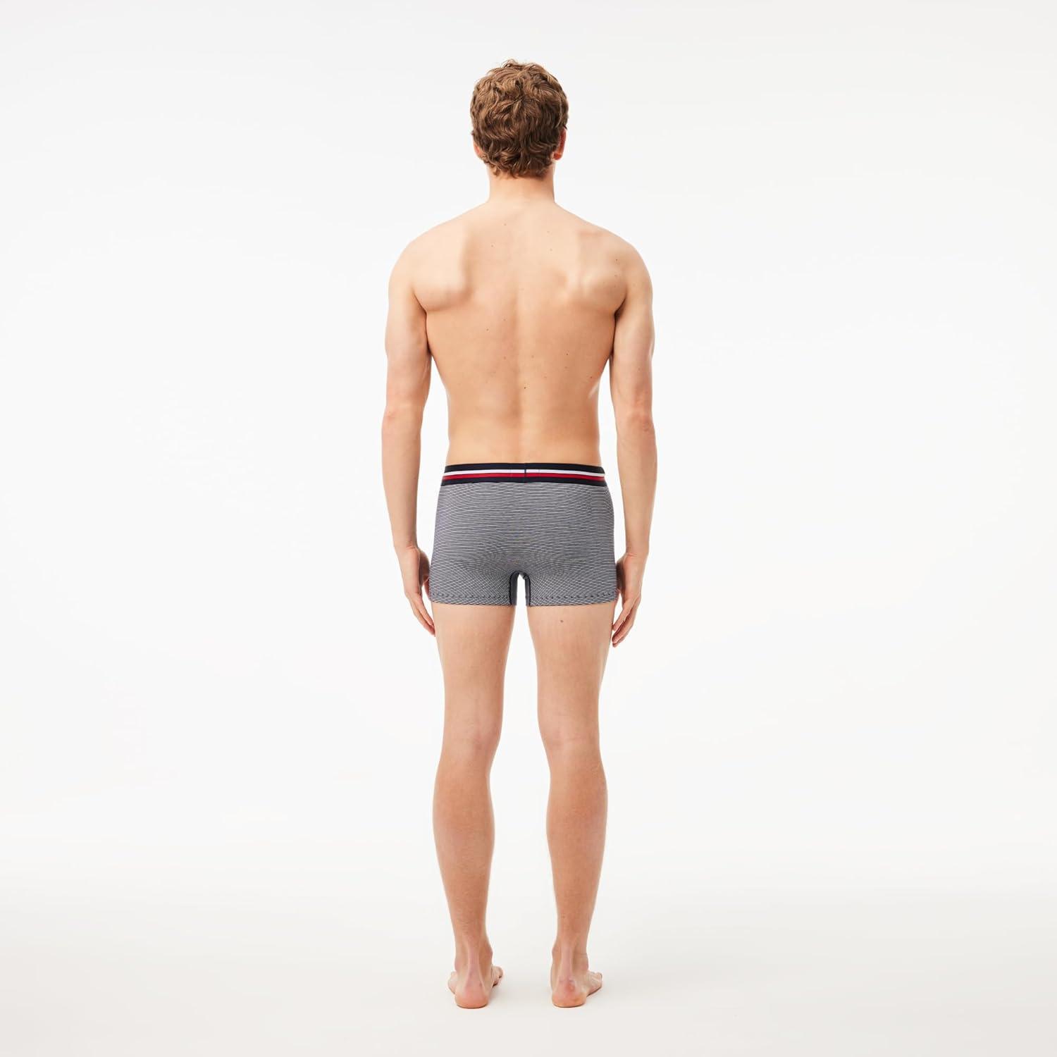 imageLacoste mens Cotton Stretch Tricolor Waistband Trunks 3packNavy BlueWhiteNavy Striped