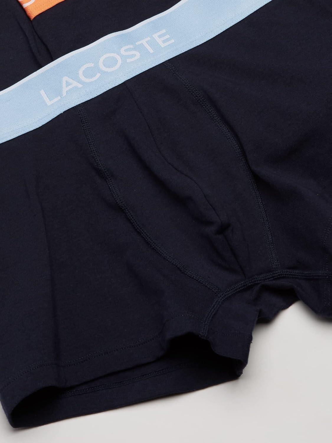 imageLacoste mens Cotton Stretch Tricolor Waistband Trunks 3packNavy With Light BlueOrangeBlue Waistbands