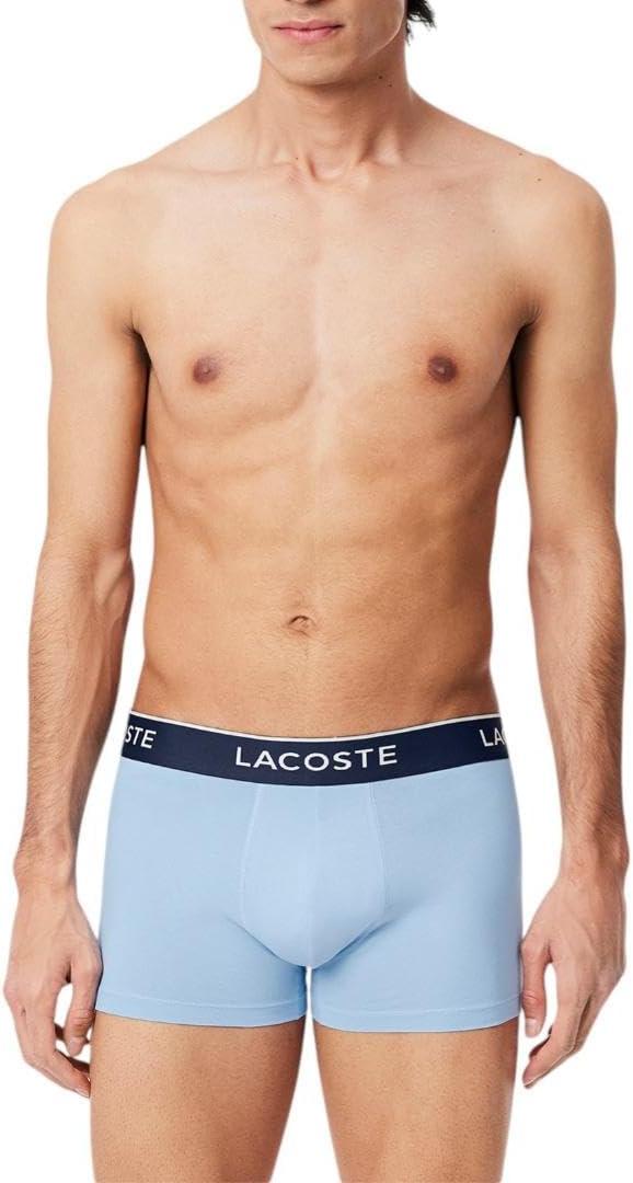imageLacoste mens Cotton Stretch Tricolor Waistband Trunks 3packRoyal BlueLight BlueGrey