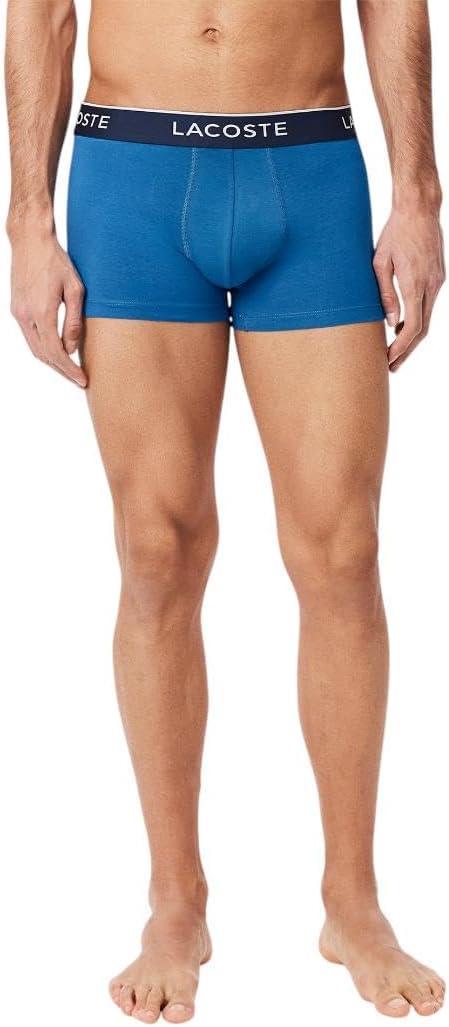 imageLacoste mens Cotton Stretch Tricolor Waistband Trunks 3packRoyal BlueLight BlueGrey