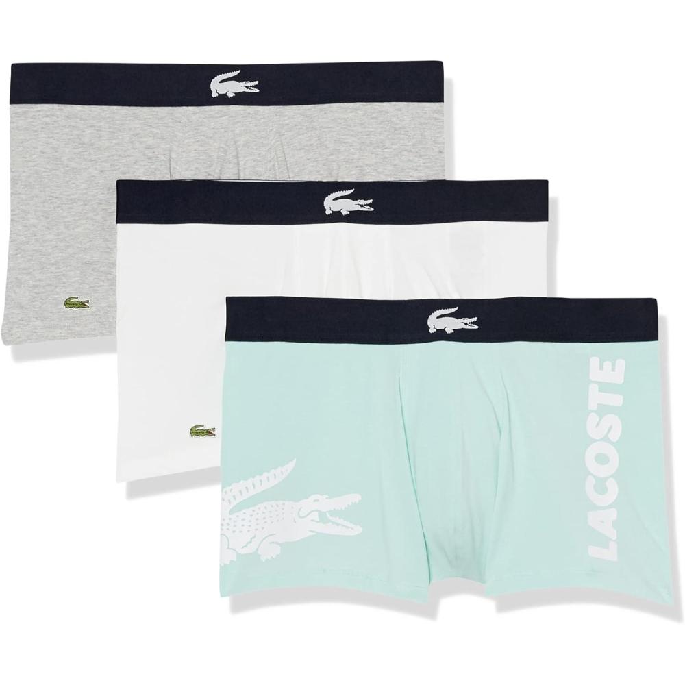 imageLacoste mens Cotton Stretch Big Croc Print Trunks 3packArctic BlueDove GreyWhite