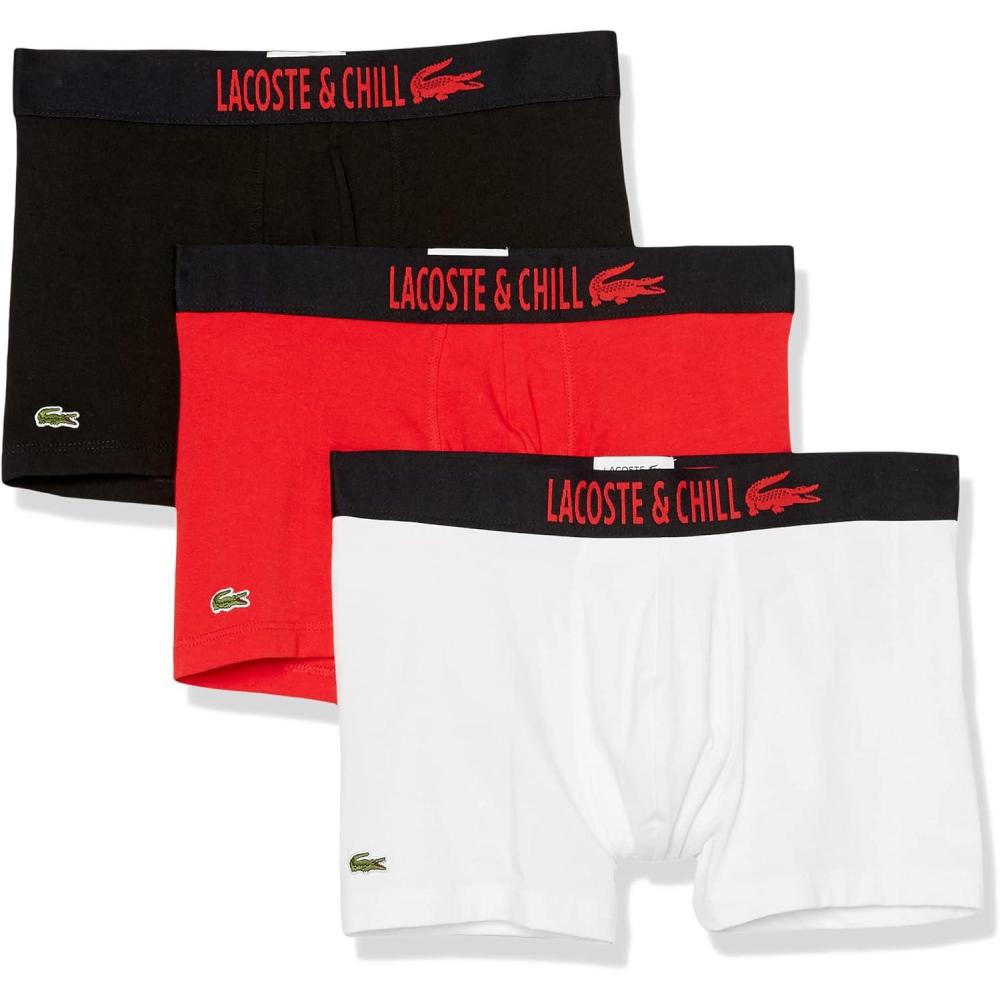 imageLacoste mens Cotton Stretch Print Animation Trunks 3packBlackElectric RedWhite With BlackElectric Red Waistbands