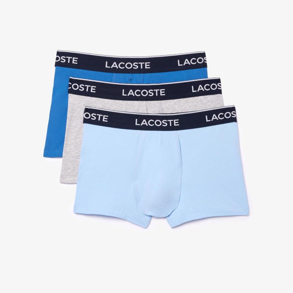 imageLacoste mens Cotton Stretch Tricolor Waistband Trunks 3packLight BlueBright BlueGrey