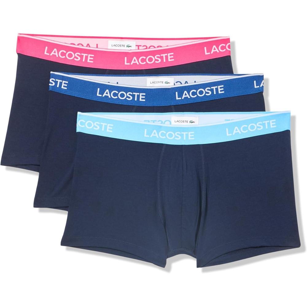 imageLacoste mens Cotton Stretch Tricolor Waistband Trunks 3packNavy BlueBluePink